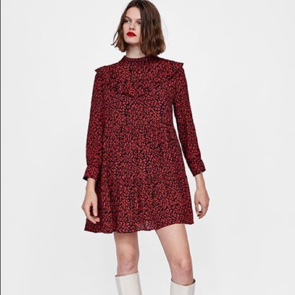 Zara red animal print ruffled shift dress